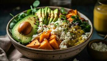 uma gourmet vegetariano refeição Quinoa salada com abacate e tomate gerado de ai foto