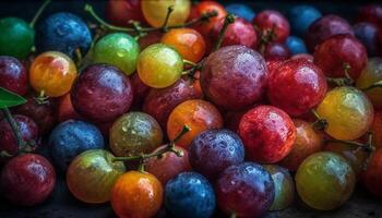 suculento uva e tomate em orvalhado filial, fresco e saudável gerado de ai foto