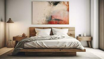 moderno quarto Projeto com confortável roupa de cama e elegante madeira pavimentos gerado de ai foto