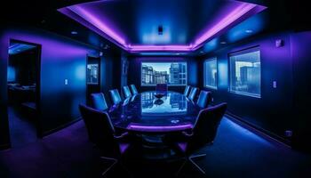 uma moderno escritório com luxuoso iluminação equipamento e confortável assentos gerado de ai foto