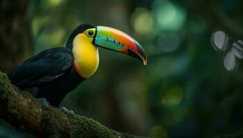 a vibrante tucano poleiros em uma verde ramo dentro natureza gerado de ai foto