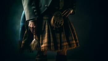 uma escocês homem dentro tradicional kilt anda em elegantemente em etapa gerado de ai foto