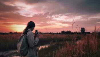 1 mulher, 1 Câmera, capturando beleza dentro natureza solidão gerado de ai foto