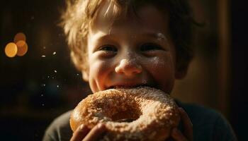 fofa caucasiano Garoto se entrega dentro doce rosquinha, desfrutando infância ao ar livre gerado de ai foto