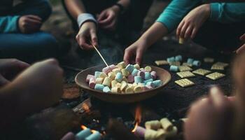 construindo caseiro s'mores traz alegria e união ao ar livre gerado de ai foto