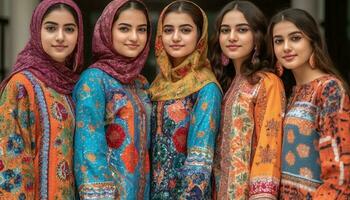 uma grupo do jovem mulheres dentro multi colori vestidos exalar elegância gerado de ai foto