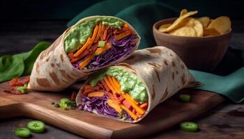 saudável shawarma embrulho com fresco legumes e picante Pimenta jalapeno molho gerado de ai foto