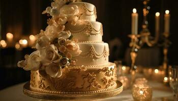a elegante Casamento bolo iluminado de luz de velas exala luxo e romance gerado de ai foto
