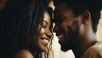 africano e caucasiano casal abraço ao ar livre, sorridente com cheio de dentes alegria gerado de ai foto