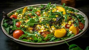 grelhado frutos do mar salada com cereja tomates, ervas, e Rúcula Aperitivo gerado de ai foto