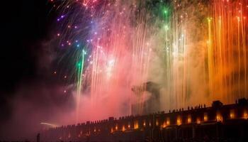 quarto do Julho celebração brilhante, multi colori fogo de artifício exibição explode gerado de ai foto