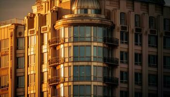 a futurista arranha-céu vidro fachada reflete a cidade elegância às noite gerado de ai foto