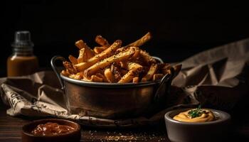 uma rústico cesta do caseiro frito aperitivos, empilhado Alto com carne, gerado de ai foto