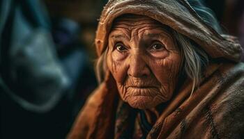 uma enrugado Senior homem dentro tradicional roupas Rezar ao ar livre gerado de ai foto