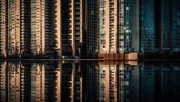 moderno arranha-céu reflete cidade vida dentro panorâmico beira-mar fundo gerado de ai foto