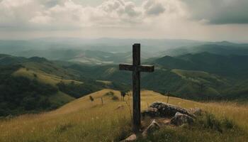 Rezar no topo majestoso montanha pico, cercado de tranquilo natureza gerado de ai foto