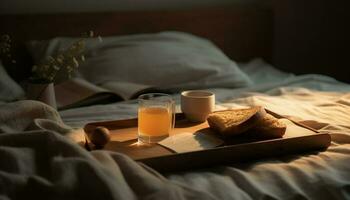 acolhedor hotel quarto ofertas confortável relaxamento com fresco croissant café da manhã gerado de ai foto