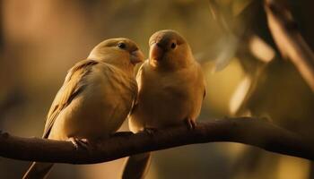 dois fofa amarelo pássaros empoleirar-se em filial, olhando às cada de outros gerado de ai foto