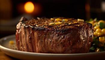 grelhado bife placa, fresco e gourmet refeição gerado de ai foto