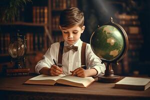 livre foto Garoto lendo uma livro sentado às a mesa dentro a Sala de aula fez com generativo ai