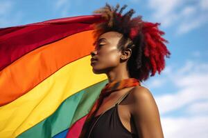 fechar acima Visão do a africano americano jovem mulher segurando e levantando uma arco Iris bandeira sobre a azul céu fez com generativo ai foto
