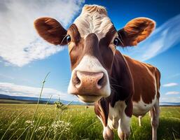 panorâmico tiro do vacas em pé dentro a Prado às pôr do sol.generativo ai. foto