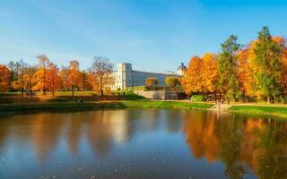 brilhante outono panorama com Estado museu reserva gatchina. ensolarado panorâmico outono Visão do a parque, karpin lagoa e ótimo Palácio dentro a costa. foto