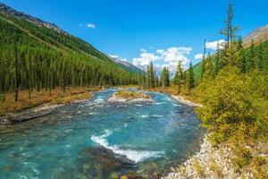 água corredeiras. poder montanha rio fluxos baixa a partir de a geleira. lindo alpino panorama com azul água dentro uma velozes rio. a poder do a majestoso natureza do a Planalto. altai montanhas. foto