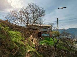 pitoresco velho jardim do a montanha Vila. velho Vila dentro daguestão. rural pedra casa dentro uma Vila dentro kakhib, daguestão. foto