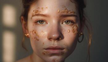 lindo jovem menina com molhado cabelo sorrisos para a Câmera gerado de ai foto