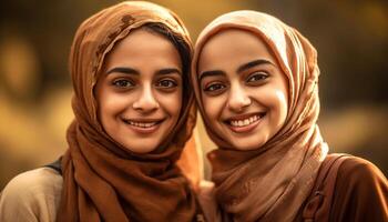 sorridente jovem mulheres abraço dentro tradicional hijabs ao ar livre gerado de ai foto