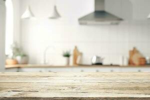 esvaziar madeira mesa topo em borrado cozinha fundo. foto