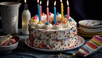 multi ed aniversário bolo com vela chamas queimando gerado de ai foto