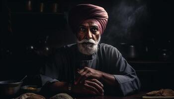 Senior indiano homem de negocios sentado às mesa dentro de casa sorridente gerado de ai foto