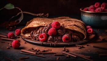 framboesa chocolate blini pilha com fresco baga fruta gerado de ai foto