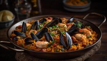 fresco frutos do mar paella cozinhou com açafrão arroz gerado de ai foto