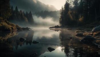 majestoso montanha alcance reflete em tranquilo lagoa gerado de ai foto