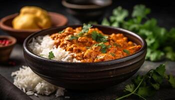 saudável refeição com arroz, carne, e legumes gerado de ai foto