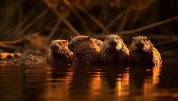 pequeno grupo do castores de brincadeira refletir dentro água gerado de ai foto