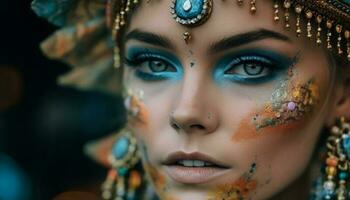 1 jovem mulher, elegância e beleza dentro multi colori joalheria gerado de ai foto
