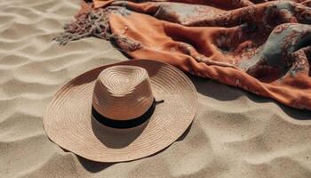 Palha chapéu, toalha, e Sol verão relaxamento gerado de ai foto