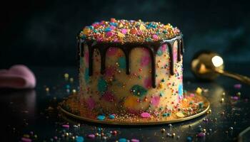 brilhantemente decorado caseiro aniversário bolo com multi colori doce confete gerado de ai foto