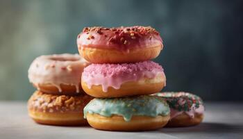 pilha do caseiro rosquinhas com colorida gelo generativo ai foto