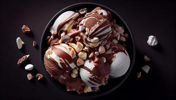 indulgente chocolate gelo creme bola em de madeira material , generativo ai foto