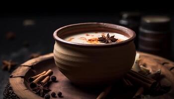 uma rústico café com leite com especiaria decoração aquece inverno gerado de ai foto