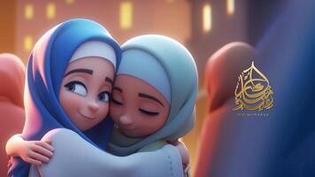 eid Mubarak bandeira Projeto com adorável meninas personagem abraçando. generativo ai. foto
