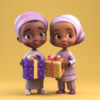 adorável Disney estilo avatar do tradicional vestuário africano crianças segurando presente caixas. eid ou Ramadã Mubarak conceito, generativo ai. foto