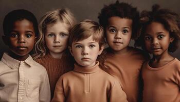 fofa escola crianças sorridente dentro uma linha juntos gerado de ai foto