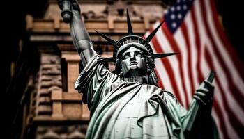a estátua do liberdade e a americano bandeira estão símbolos do liberdade e democracia - generativo ai foto