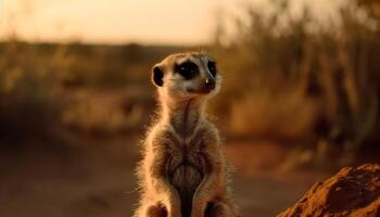 meerkat sentado, olhando fixamente, assistindo dentro africano região selvagem gerado de ai foto